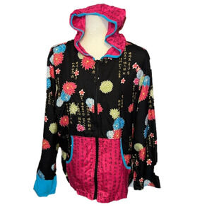 Anne Carson 100% Silk Colorful Floral Chinese Zipper Lightweight Hoodie L